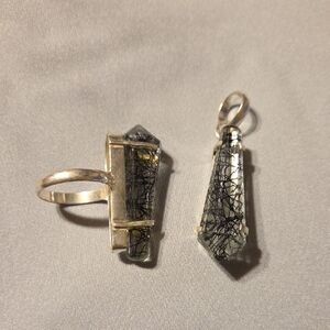 Sterling Silver Rutilated Quartz Ring in Black-Accented Clear Stone
